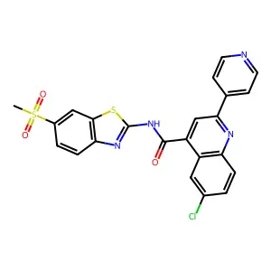 6-chloro-N-(6-methylsulfonyl-1,3-benzothiazol-2-yl)-2-pyridin-4-ylquinoline-4-carboxamide structure
