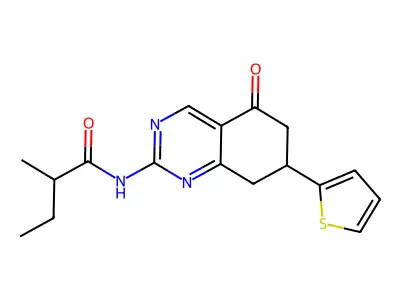 2-methyl-N-(5-oxo-7-thiophen-2-yl-7,8-dihydro-6H-quinazolin-2-yl)butanamide structure