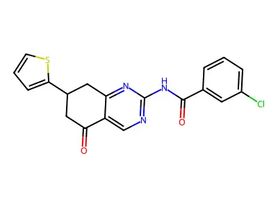 3-chloro-N-(5-oxo-7-(thiophen-2-yl)-5,6,7,8-tetrahydroquinazolin-2-yl)benzamide structure