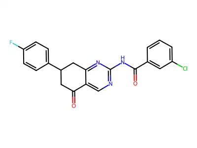 3-chloro-N-[7-(4-fluorophenyl)-5-oxo-5,6,7,8-tetrahydroquinazolin-2-yl]benzamide structure