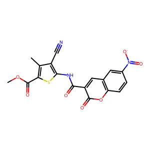 methyl 4-cyano-3-methyl-5-(6-nitro-2-oxo-2H-chromene-3-carboxamido)thiophene-2-carboxylate structure