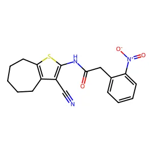 N-(3-cyano-5,6,7,8-tetrahydro-4H-cyclohepta[b]thiophen-2-yl)-2-(2-nitrophenyl)acetamide structure