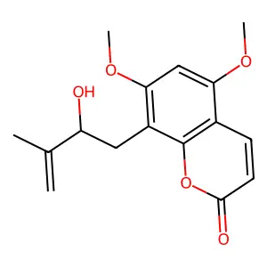 2H-1-Benzopyran-2-one, 8-((2S)-2-hydroxy-3-methyl-3-butenyl)-5,7-dimethoxy- structure