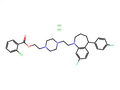 Benzoic acid, 2-chloro-, 2-(4-(2-(8-fluoro-5-(4-fluorophenyl)-2,3,4,5-tetrahydro-1H-1-benzazepin-1-yl)ethyl)-1-piperazinyl)ethyl ester, dihydrochloride structure