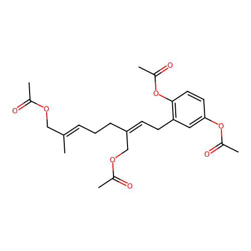 1,4-Benzenediol, 2-[8-(acetyloxy)-3-[(acetyloxy)methyl]-7-methyl-2,6-octadienyl]-, diacetate structure