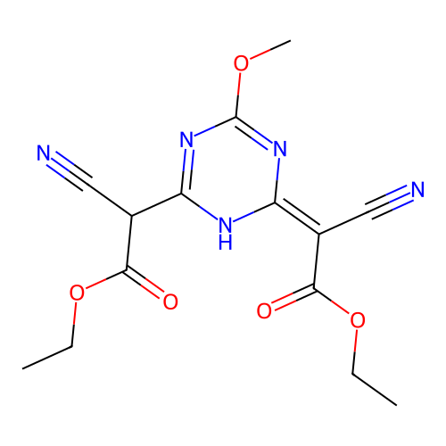 Acetic acid, 2,2'-(6-methoxy-1,3,5-triazine-2,4(1H,3H)-diylidene)bis(cyano-, diethyl ester structure