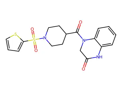 4-[1-(thiophene-2-sulfonyl)piperidine-4-carbonyl]-1,2,3,4-tetrahydroquinoxalin-2-one structure