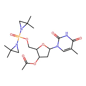 [2-[bis(2,2-dimethylaziridin-1-yl)phosphoryloxymethyl]-5-(5-methyl-2,4-dioxopyrimidin-1-yl)oxolan-3-yl] acetate structure