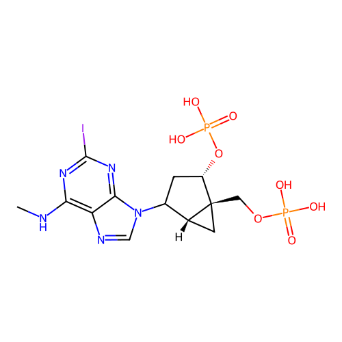[(1R,2S,5S)-4-[2-Iodo-6-(methylamino)purin-9-yl]-2-phosphonooxy-1-bicyclo[3.1.0]hexanyl]methyl dihydrogen phosphate structure