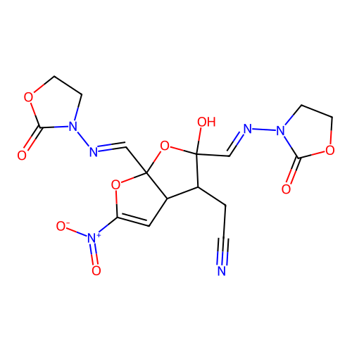 Furo(2,3-b)furan-3-acetonitrile, 2,3,3a,6a-tetrahydro-2-hydroxy-5-nitro-2,6a-bis(((2-oxo-3-oxoazolidinyl)imino)methyl)- structure