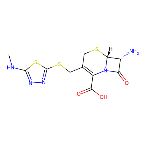 (6R,7R)-7-amino-3-(((5-(methylamino)-1,3,4-thiadiazol-2-yl)thio)methyl)-8-oxo-5-thia-1-azabicyclo[4.2.0]oct-2-ene-2-carboxylic acid structure