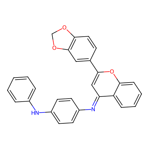 4-[(2-benzo[1,3]dioxol-5-ylchromen-4-ylidene)amino]-N-phenyl-aniline structure
