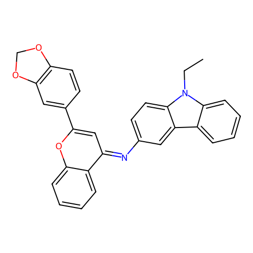 (E)-N-(2-(benzo[d][1,3]dioxol-5-yl)-4H-chromen-4-ylidene)-9-ethyl-9H-carbazol-3-amine structure