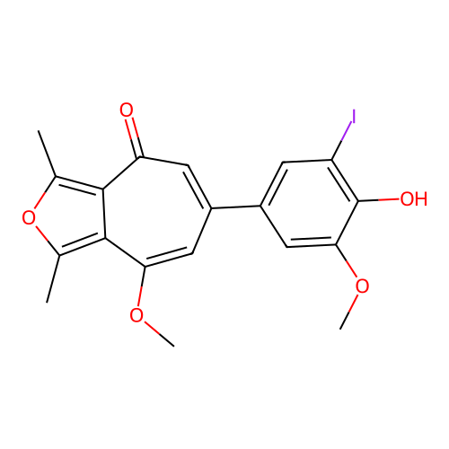 6-(4-hydroxy-3-iodo-5-methoxyphenyl)-8-methoxy-1,3-dimethyl-4H-cyclohepta[c]furan-4-one structure