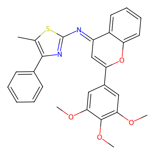 (E)-5-methyl-4-phenyl-N-(2-(3,4,5-trimethoxyphenyl)-4H-chromen-4-ylidene)thiazol-2-amine structure