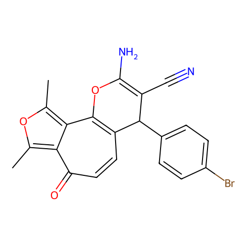 2-amino-4-(4-bromophenyl)-8,10-dimethyl-7-oxo-4H,7H-furo[3',4':6,7]cyclohepta[1,2-b]pyran-3-carbonitrile structure