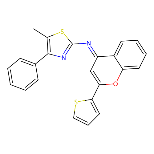 (E)-5-methyl-4-phenyl-N-(2-(thiophen-2-yl)-4H-chromen-4-ylidene)thiazol-2-amine structure