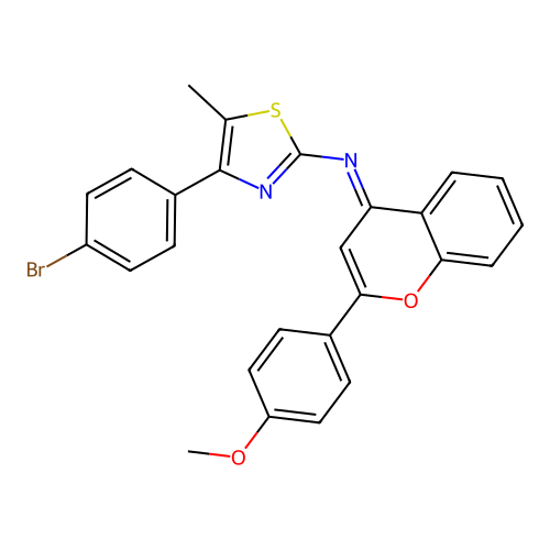 (E)-4-(4-bromophenyl)-N-(2-(4-methoxyphenyl)-4H-chromen-4-ylidene)-5-methylthiazol-2-amine structure