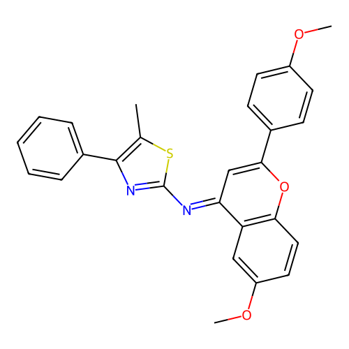 (E)-N-(6-methoxy-2-(4-methoxyphenyl)-4H-chromen-4-ylidene)-5-methyl-4-phenylthiazol-2-amine structure