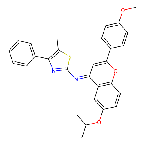 (E)-N-(6-isopropoxy-2-(4-methoxyphenyl)-4H-chromen-4-ylidene)-5-methyl-4-phenylthiazol-2-amine structure