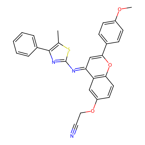 (E)-2-((2-(4-methoxyphenyl)-4-((5-methyl-4-phenylthiazol-2-yl)imino)-4H-chromen-6-yl)oxy)acetonitrile structure