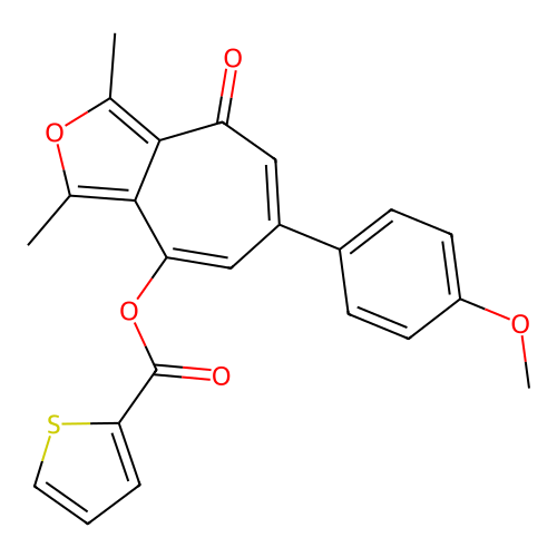 6-(4-methoxyphenyl)-1,3-dimethyl-4-oxo-4H-cyclohepta[c]furan-8-yl thiophene-2-carboxylate structure