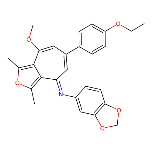 (E)-N-(6-(4-ethoxyphenyl)-8-methoxy-1,3-dimethyl-4H-cyclohepta[c]furan-4-ylidene)benzo[d][1,3]dioxol-5-amine structure