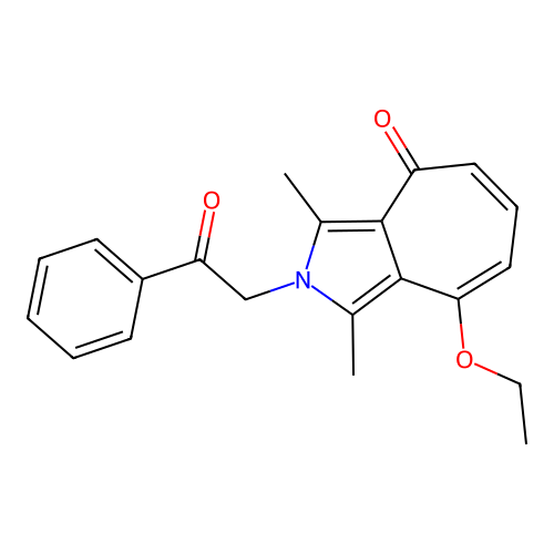 8-ethoxy-1,3-dimethyl-2-(2-oxo-2-phenylethyl)cyclohepta[c]pyrrol-4(2H)-one structure