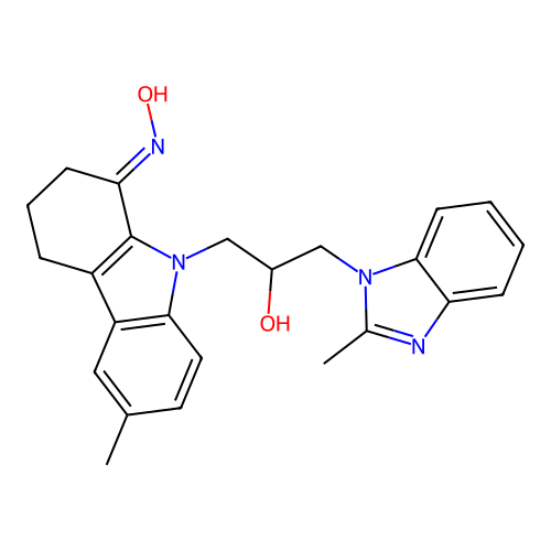 9-[2-Hydroxy-3-(2-methyl-benzoimidazol-1-yl)-propyl]-6-methyl-2,3,4,9-tetrahydro-carbazol-1-one oxime structure