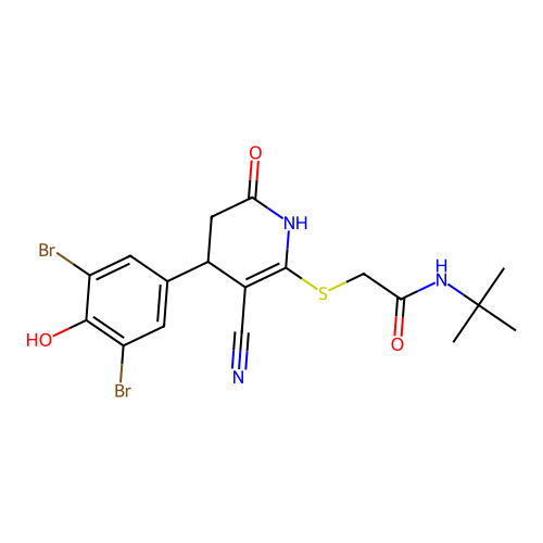 N-(tert-butyl)-2-((3-cyano-4-(3,5-dibromo-4-hydroxyphenyl)-6-oxo-1,4,5,6-tetrahydropyridin-2-yl)thio)acetamide structure