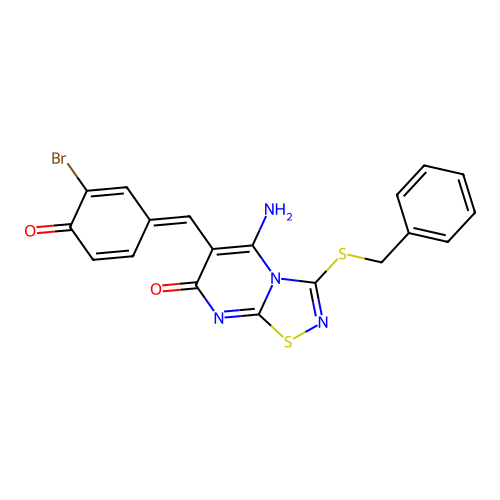 5-amino-3-benzylsulfanyl-6-[(E)-(3-bromo-4-oxocyclohexa-2,5-dien-1-ylidene)methyl]-[1,2,4]thiadiazolo[4,5-a]pyrimidin-7-one structure