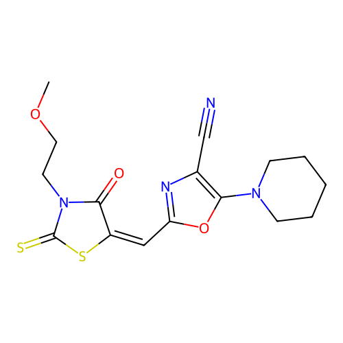 (E)-2-((3-(2-methoxyethyl)-4-oxo-2-thioxothiazolidin-5-ylidene)methyl)-5-(piperidin-1-yl)oxazole-4-carbonitrile structure
