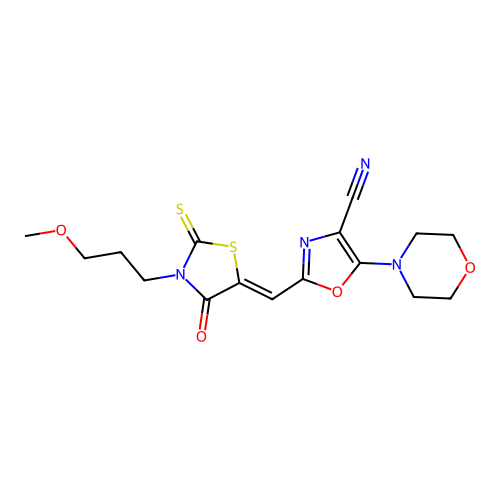 (Z)-2-((3-(3-methoxypropyl)-4-oxo-2-thioxothiazolidin-5-ylidene)methyl)-5-morpholinooxazole-4-carbonitrile structure