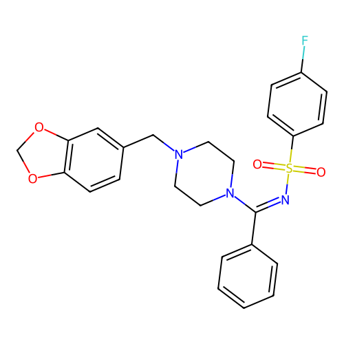 (NZ)-N-[[4-(1,3-benzodioxol-5-ylmethyl)piperazin-1-yl]-phenylmethylidene]-4-fluorobenzenesulfonamide structure