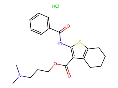 Benzo(b)thiophene-3-carboxylic acid, 4,5,6,7-tetrahydro-2-(benzoylamino)-, 3-(dimethylamino)propyl ester, monohydrochloride structure