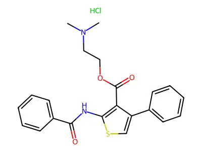 3-Thiophenecarboxylic acid, 2-(benzoylamino)-4-phenyl-, 2-(dimethylamino)ethyl ester, monohydrochloride structure