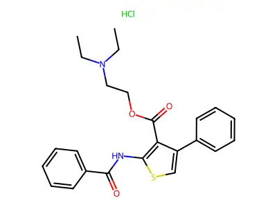 3-Thiophenecarboxylic acid, 2-(benzoylamino)-4-phenyl-, 2-(diethylamino)ethyl ester, monohydrochloride structure