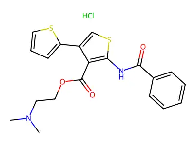(2,3'-Bithiophene)-4'-carboxylic acid, 5'-(benzoylamino)-, 2-(dimethylamino)ethyl ester, monohydrochloride structure