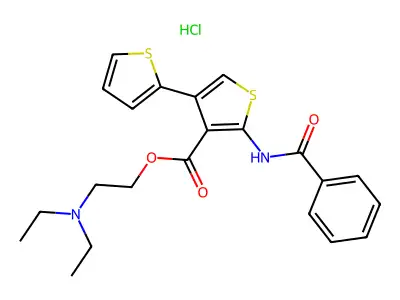 (2,3'-Bithiophene)-4'-carboxylic acid, 5'-(benzoylamino)-, 2-(diethylamino)ethyl ester, monohydrochloride structure