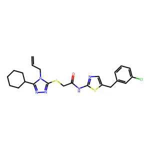N-[5-[(3-chlorophenyl)methyl]-1,3-thiazol-2-yl]-2-[(5-cyclohexyl-4-prop-2-enyl-1,2,4-triazol-3-yl)sulfanyl]acetamide structure