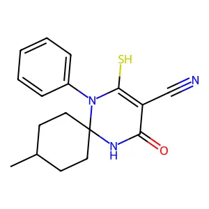 9-Methyl-4-oxo-1-phenyl-2-sulfanyl-1,5-diazaspiro[5.5]undec-2-ene-3-carbonitrile structure