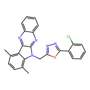2-(2-chlorophenyl)-5-((7,10-dimethyl-6H-indolo[2,3-b]quinoxalin-6-yl)methyl)-1,3,4-oxadiazole structure