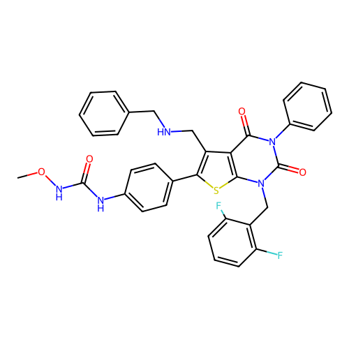 1-(4-{5-[(benzylamino)methyl]-1-[(2,6-difluorophenyl)methyl]-2,4-dioxo-3-phenyl-1H,2H,3H,4H-thieno[2,3-d]pyrimidin-6-yl}phenyl)-3-methoxyurea structure