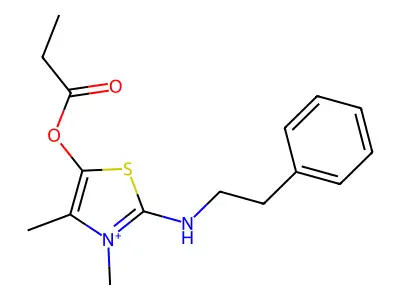 3,4-Dimethyl-5-(1-oxopropoxy)-2-[(2-phenylethyl)amino]thiazolium structure