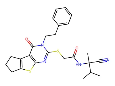N-(2-Cyano-3-methylbutan-2-yl)-2-[[12-oxo-11-(2-phenylethyl)-7-thia-9,11-diazatricyclo[6.4.0.02,6]dodeca-1(8),2(6),9-trien-10-yl]sulfanyl]acetamide structure