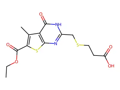 3-({[6-(ethoxycarbonyl)-5-methyl-4-oxo-3H,4H-thieno[2,3-d]pyrimidin-2-yl]methyl}sulfanyl)propanoic acid structure