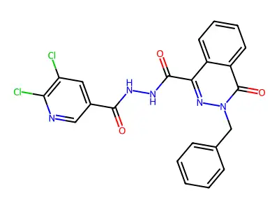 3-benzyl-N'-(5,6-dichloropyridine-3-carbonyl)-4-oxo-phthalazine-1-carbohydrazide structure