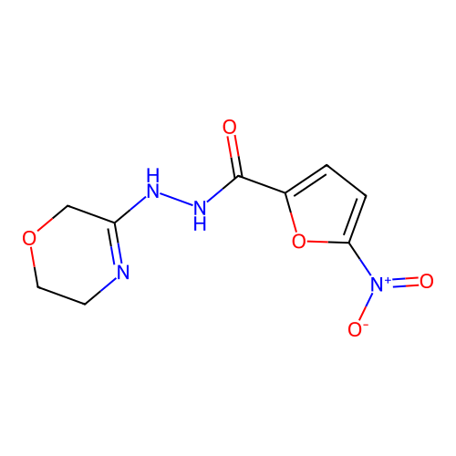 N-(5,6-Dihydro-2H-1,4-oxazin-3-yl)-5-nitrofuran-2-carbohydrazonic acid structure