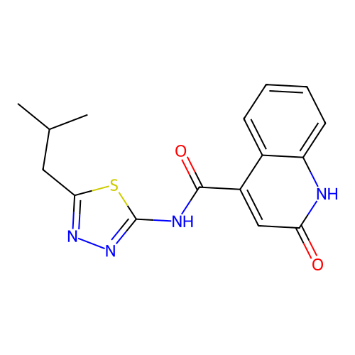 N-(5-isobutyl-1,3,4-thiadiazol-2-yl)-2-oxo-1,2-dihydroquinoline-4-carboxamide structure