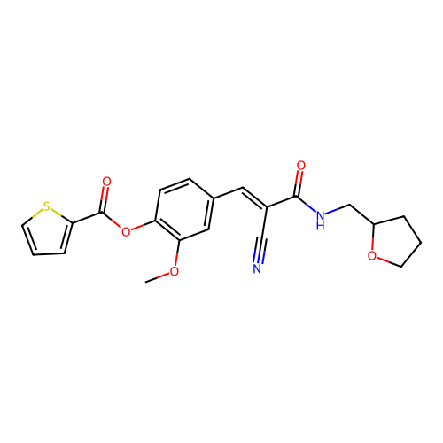[4-[(E)-2-cyano-3-oxo-3-(oxolan-2-ylmethylamino)prop-1-enyl]-2-methoxyphenyl] thiophene-2-carboxylate structure